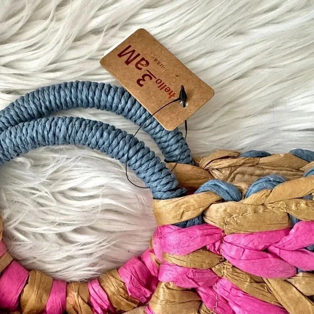 3 AM FOREVER BOUTIQUE | Straw Purse Bag Blue Tan Pink Lined Drawstring - Picture 2 of 6
